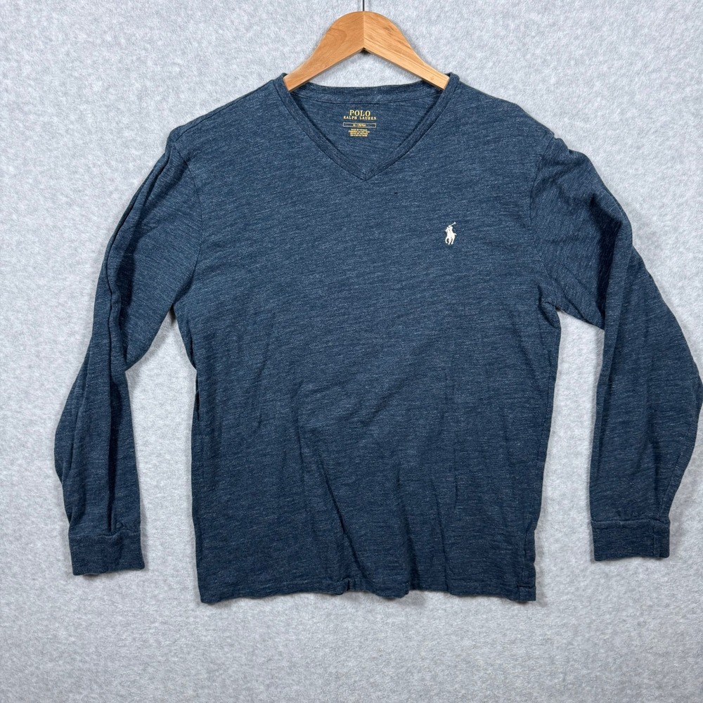 Polo Ralph Lauren Mens V-Neck Long Sleeve T-Shirt Navy Blue Heathered Size M